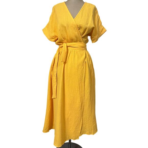 Marine Layer Midi Wrap Dress Valencia Cotton Short Sleeve Golden Yellow size XS - Picture 2 of 8